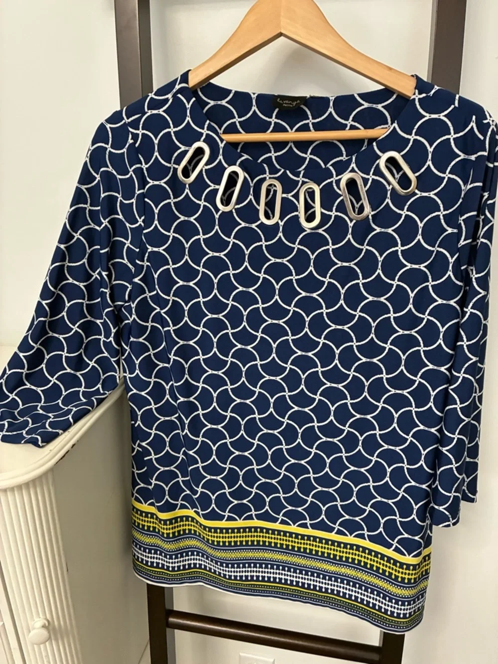 Navy & White Geometric Tunic with metal Accent Neckline. Flattering Feminine - Picture 2 of 11